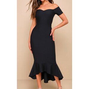 Lulus Midnight Blue Off-The-Shoulder Midi Dress With Flounce Hem - Small